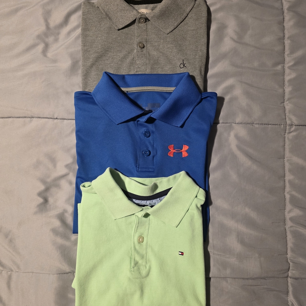 Gray, Blue, and Green Polo Shirts